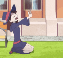a cartoon of a witch kneeling down with her hands up