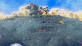 a group of cartoon characters are standing on top of a rocky hill