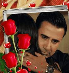 a man wearing a watch is hugging a woman surrounded by red roses and hearts