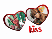 two heart shaped glasses with a picture of a girl and the word kiss