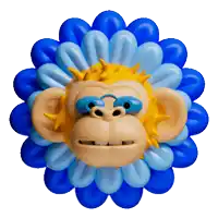a monkey is surrounded by blue and white balloons and looks like a flower
