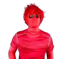 a person wearing a red shirt and sunglasses has a red wig on