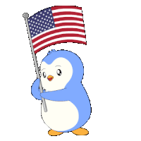 a penguin is holding an american flag on a pole