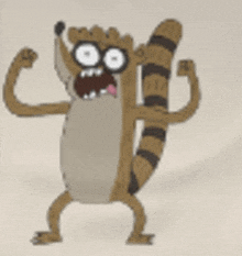 a cartoon raccoon is flexing his muscles while standing on its hind legs .