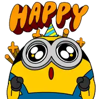 a cartoon of a minion wearing a party hat with the word happy above it
