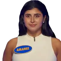 a woman wearing a white tank top with a blue badge that says amanee
