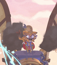 a cartoon character wearing glasses is sitting in a chair