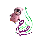 a stuffed penguin in a pink hoodie is next to a purple and green arabic calligraphy