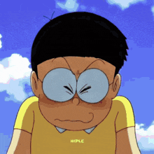 a cartoon character wearing glasses and a yellow shirt that says hiple
