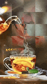 a cup of tea is being poured into a saucer with the word accal written on the bottom