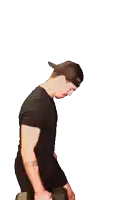 a man in a black shirt is lifting a dumbbell on a white background
