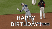 a baseball player is standing on a baseball field with the words `` happy birthday '' written above him .