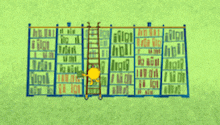 a cartoon drawing of a library with a ladder and a snake