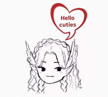 a drawing of a girl with a heart shaped speech bubble saying hello cuties