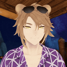a cartoon character wearing sunglasses and a purple shirt is smiling