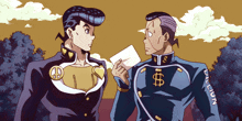 a cartoon of two men standing next to each other with one holding an envelope and the other a peace sign