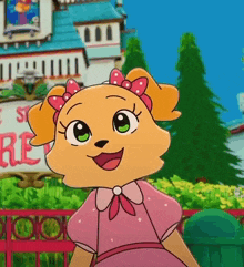 a cartoon dog is wearing a pink dress and a bow