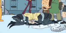 a cartoon of a man laying on the floor with a yellow shirt on