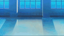 a hallway with blue walls and a blue floor