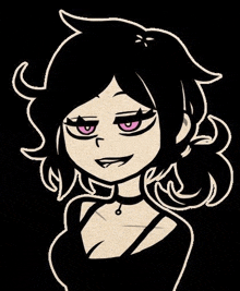 a cartoon girl with black hair and pink eyes is wearing a choker .