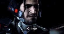 a man with a beard is wearing a helmet and holding a gun and the word cringe is written above him .