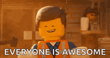 emmett from the lego movie is holding a dumbbell over his head .