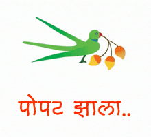 a green parrot is sitting on a branch with leaves and the word poppet in red