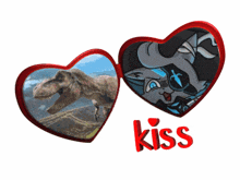 a picture of a t-rex and a picture of a cat with the word kiss below them