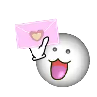 a smiley face is holding a pink envelope with a heart in it