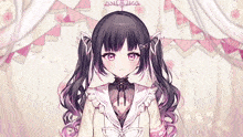 a purple haired anime girl with the word angelia written on her head