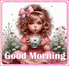 a little girl in a pink dress is holding a cup of coffee and says good morning
