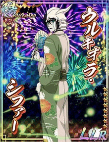 a bleach character is wearing a kimono and holding a fan .