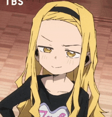 a cartoon girl with long blonde hair is wearing a black shirt that says love