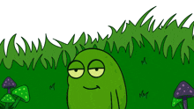 a cartoon frog is hiding in the grass with mushrooms in the background