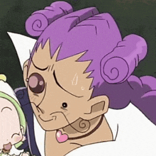 a cartoon character with purple hair and a pink heart necklace .