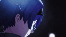 a close up of a girl with blue hair