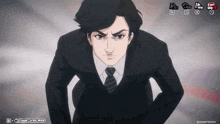 a man in a suit and tie stands with his hands on his hips in front of a pop-up cursor mode icon