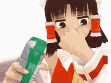 a cartoon girl is covering her nose while holding a green bottle .