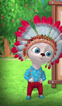 a cartoon character is wearing a feathered headdress