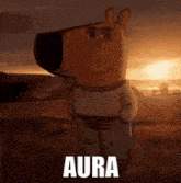 a cartoon character is standing in a field and the word aura is above him