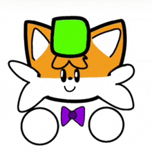 a cartoon drawing of a fox wearing a green hat and a purple bow tie .