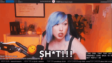a woman with blue hair says sh * t !!! in front of a microphone