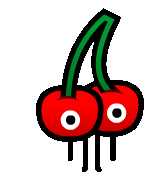 a cartoon drawing of two cherries with eyes and a green stem