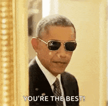 barack obama wearing sunglasses and a suit is standing in front of a picture frame .