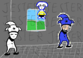 a drawing of a jester standing next to a window