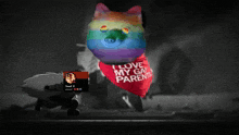 a cartoon dog wearing a red bandana that says i love my gay parents