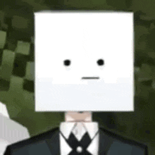 a man in a suit and tie with a cardboard box on his head .