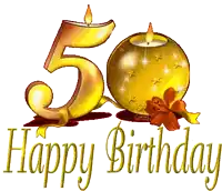 a 50th birthday greeting card with a candle and a flower