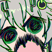 a close up of a drawing of a person 's face with green eyes and a cactus in the background
