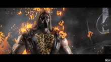 a video game character is surrounded by flames and the letters dm are on the bottom